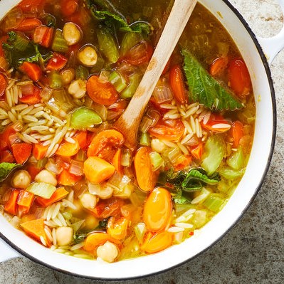 Chickpea Stew With Orzo and Mustard Greens